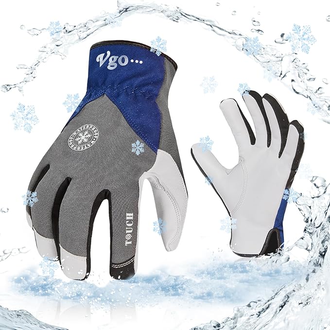 Vgo... 1-Pair Winter Warm Work Gloves Men Women 0℃/32℉ or Above Goatskin Leather Waterproof Coldproof Freezer Gloves (Size L, Grey, GA8977FW)