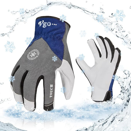 Vgo... 1-Pair Winter Warm Work Gloves Men Women 0℃/32℉ or Above Goatskin Leather Waterproof Coldproof Freezer Gloves (Size XL, Grey, GA8977FW)