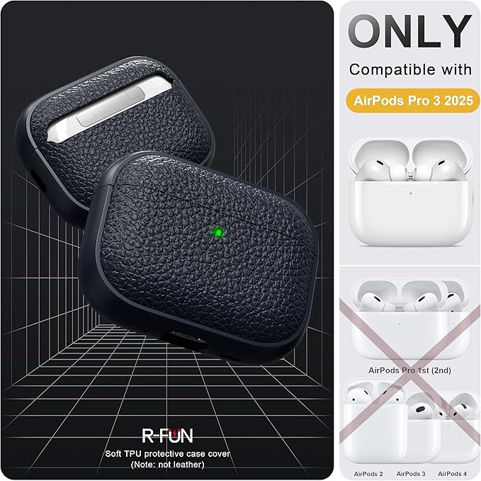 R-fun for AirPods Pro 3 Case 2025, Soft TPU (Leather-Like Design) Drop Protection Cover for Men and Women with Lanyard and Cleaner Kit, Compatible with Apple AirPods Pro 3rd Generation-Blue