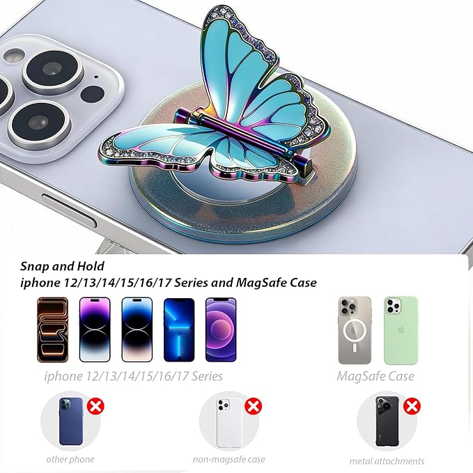 [2026 All-New] for MagSafe Butterfly Phone Grip, Magnetic Butterfly Phone Ring Holder for MagSafe Accessories & iPhone 17 Air 16 Pro Max Plus 15 14 13 12, Glitter Colorful