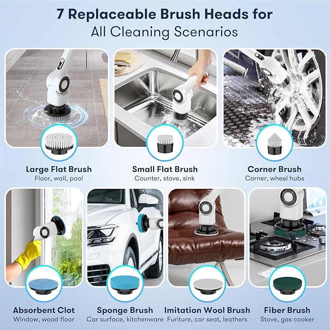 Electric Spin Scrubber Cordless | IPX7 Water - Safe with 7 Brush Heads | 3 Speed Scrubber for Bathroom Tile/Kitchen Sink/Grout Care | 100 Min Runtime, LED Display