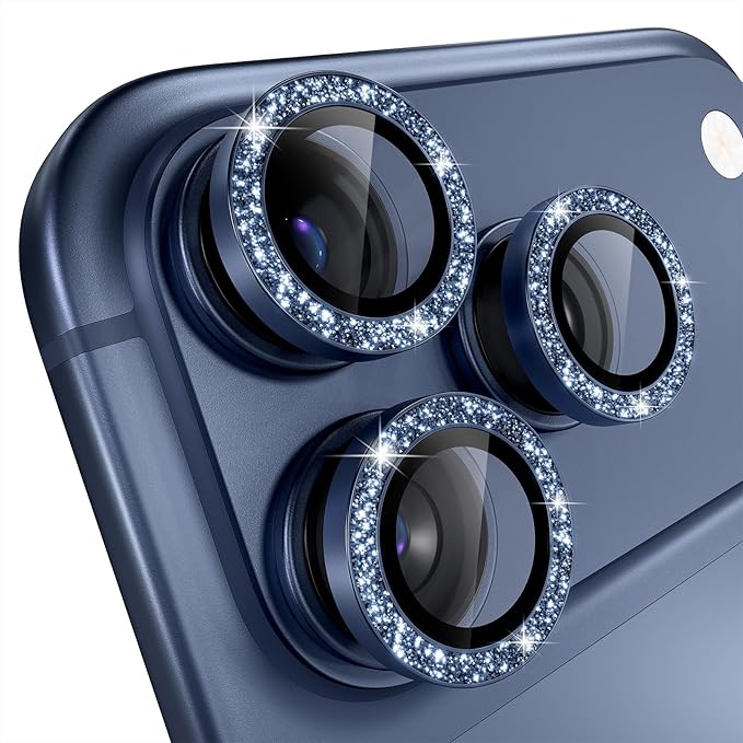 Misea Compatible for iPhone 17 Pro/iPhone 17 Pro Max Camera Lens Protector Bling, 9H Tempered Glass Camera Cover Screen Protector Metal Individual Ring Decoration Accessories, Blue Glitter
