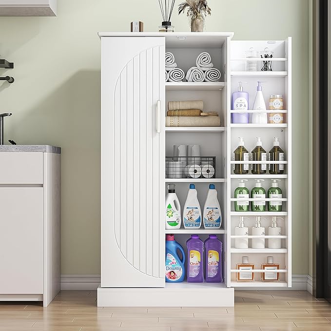 47" Tall Kitchen Pantry Cabinet, Snow-White Pantry Storage Cabinet with Adjustable Shelves, Barn Doors and Drawer Farmhouse Cupboard for Kitchen, Dining Room, Bathroom (16" D x 24" W x 47")