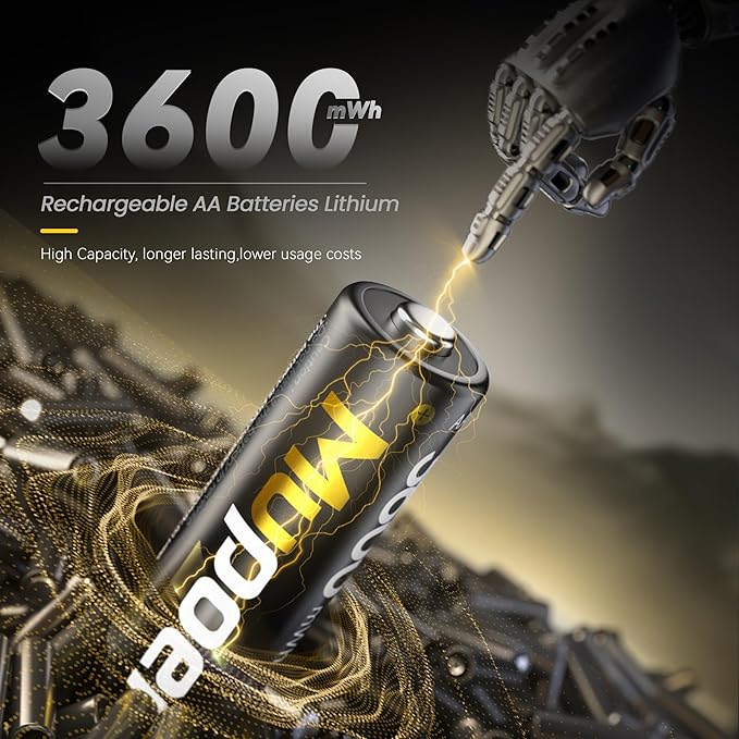 Rechargeable AA Lithium Batteries with Charger,16 Count 3600 mWh 1.5V Double A Batteries High Capacity,Long Lasting Rechargeable AA Li-ion Battery with Integrated Charging Storage Box - Gold