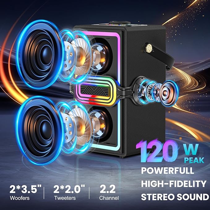 Bluetooth Speaker, 120W Peak Power Wireless Speakers Boombox with Deep Bass, Portable Loud Stereo Sound Subwoofer with LED Light Show for Party, Outdoor, Camping (Black)