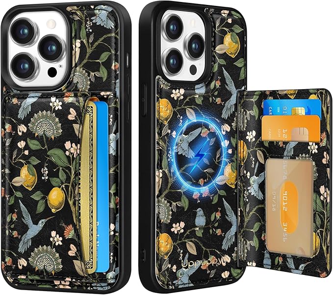 for iPhone 13 Pro Case with Wallet - Fits 4 Card Slots, Compatible with MagSafe for Women Aesthetic Durable PU Leather Credit Card Holder Kickstand Phone Cover for Apple 13 Pro, Lemon Bird