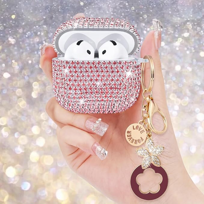 VISOOM Cute Jewelry Cases for Airpods 4 Cases 2024 Cover Women, Sparkly Air pods 4 Gen Case Hard TPU Airpod Case 4th Generation Bling Glitter iPods 4 Cas Keychain for iPods Earbuds Airpods 4th-Pink