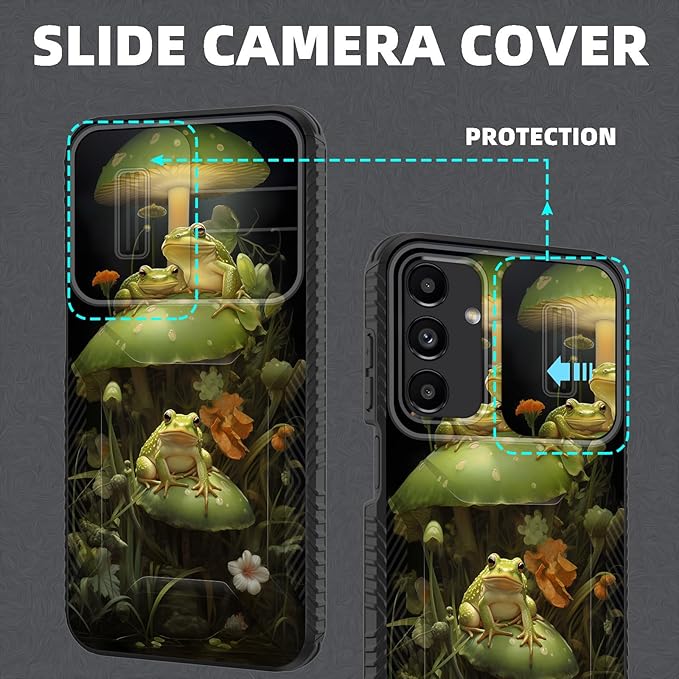 for Galaxy A15 5G Case Built in Slide Camera Lens Cover,Heavy Duty Shockproof Protection Dual Layer Case for Samsung Galaxy A15 5G 6.5 inch 2024,Cute Frog Mushroom