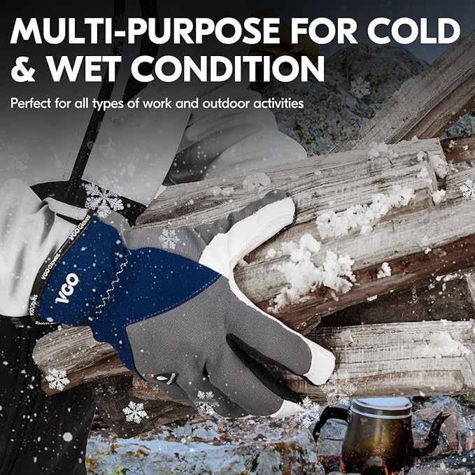 Vgo... 1Pair 0℃/32°F Winter Leather Work Gloves, Cold Weather Waterproof Safety Work Gloves,Cold Storage or Freezer Use,w/3M Thinsulate Lining (Size M, Gray, GA7711FW)