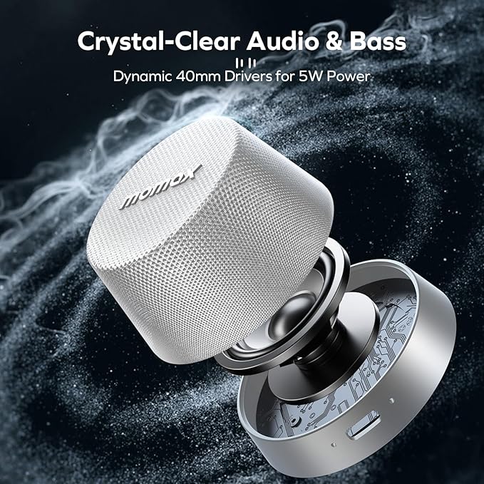 MOMAX Magnetic Mini Bluetooth Speaker, IPX6 Waterproof, 12H Playtime, TWS True Wireless Stereo, USB-C Rechargeable, Portable Shower & Outdoor Speaker, Bass-Enhanced, Call Function, Travel & Gift Ideas