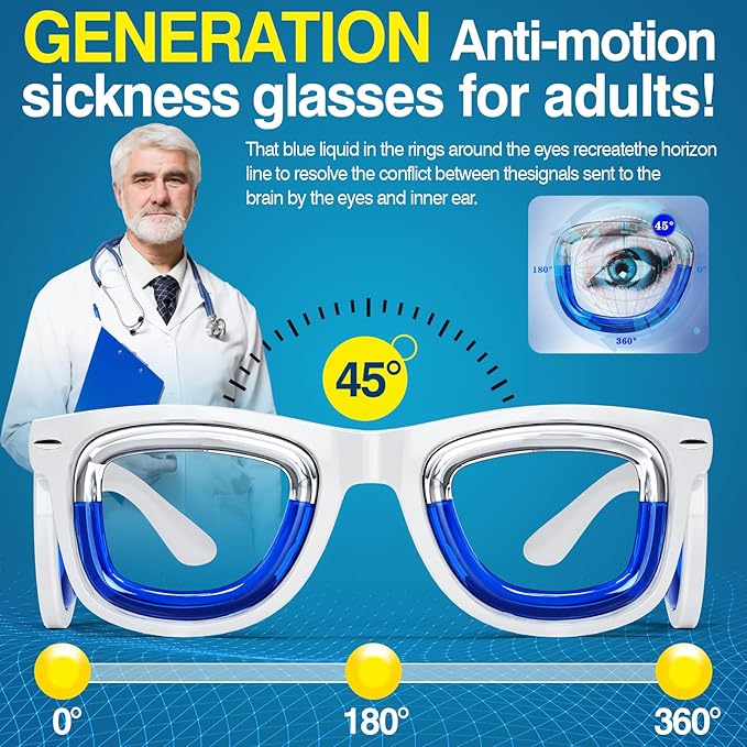 Hion Adult Anti- Motion Sickness Smart Glasses, Ultra-Light Portable Nausea Relief Liquid Glasses, Carsickness Airsickness Seasickness Glasses, Kids Travel/Cruise Essentials（White