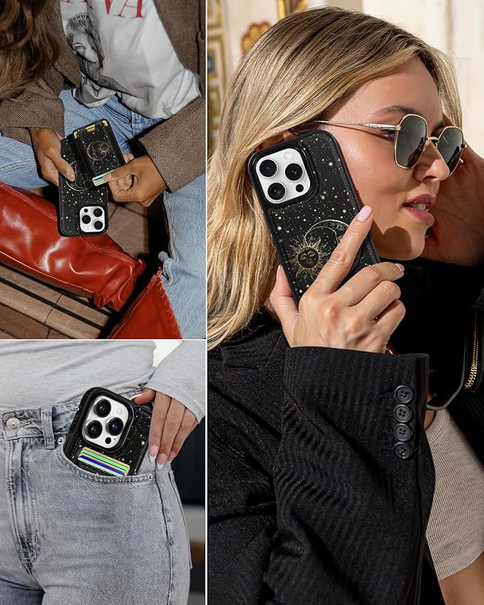 Shorogyt for iPhone 15 Pro Wallet Case - Fits 5 Cards, Compatible with Magsafe Detachable Magnetic Credit Card Holder Leather Cardholder Cute Phone Cover Women Girls for Apple 15Pro, Sun Moon