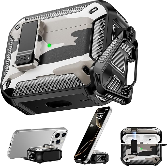 RFUNGUANGO Compatible with Airpods Pro Case 2nd / 1st Generation Protective Case, Compatible with MagSafe, with Cleaning Kit & Keychain,Phone Stand,Magnetic Automatic Lock, Visible LED, Snow Camo