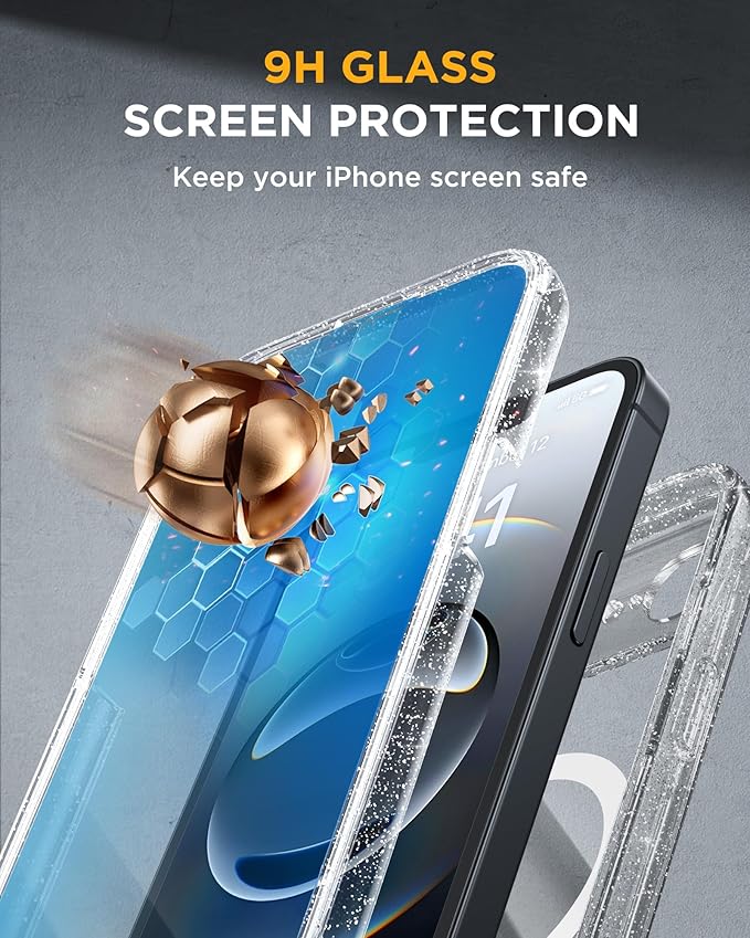Miracase for iPhone 17e Case & iPhone 16e Case, Full-Body Phone with Built-in Glass Screen Protector, [Magnetic with MagSafe] Military Drop Proof 17 E/ 16 E Cover Bumper 6.1 inch, Clear Glitter