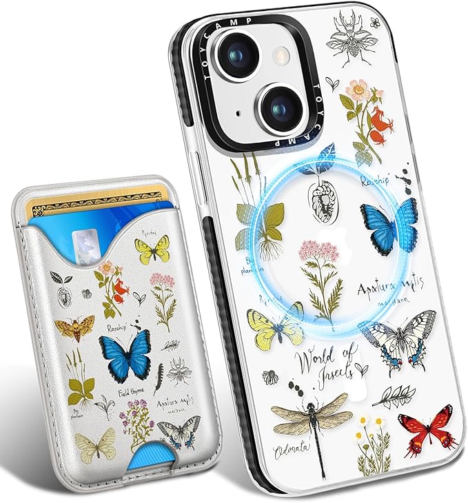Toycamp for iPhone 15 Case - Compatible with Magsafe with Credit Card Holder Wallet Magnetic Cute Women Teen Girls Kawaii Girly Unique Design Pretty Butterfly Phone Cover for Apple 15 6.1"