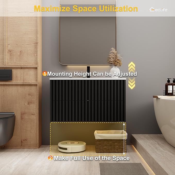 eclife 36" Floating Bathroom Vanity with Sink Combo, Modern Wall Mounted Cabinet with 2 Fluted Drawers, Undermount Sink, Faucet, Drain, Black