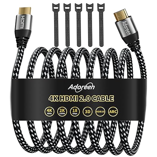 Adoreen 4K HDMI Cable 25 Feet,High Speed 18Gbps Braided HDMI 2.0 Cable Cord,4K@60Hz,2K,1080P,ARC HDR HDCP 3D,Sturdy&Flexible&Untangled&Supreme Texture,Compatible Monitor UHD TV PC PS5 Xbox+5 Ties