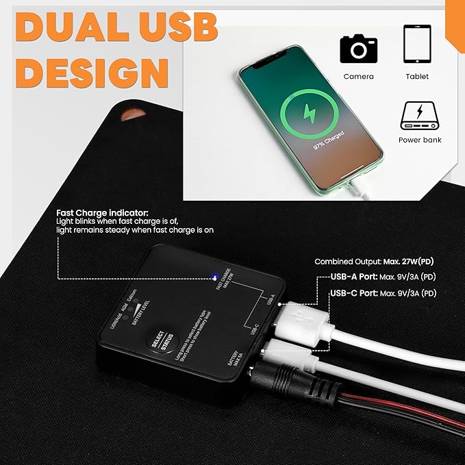 FieryRed 30W 12V Solar Panel Car Battery Charger & Maintainer, Portable Waterproof Trickle Charger with Built-in Controller, Cig Plug, Alligator Clips, USB-C, USB-A Outputs for Car, Boat, RV, Tractor