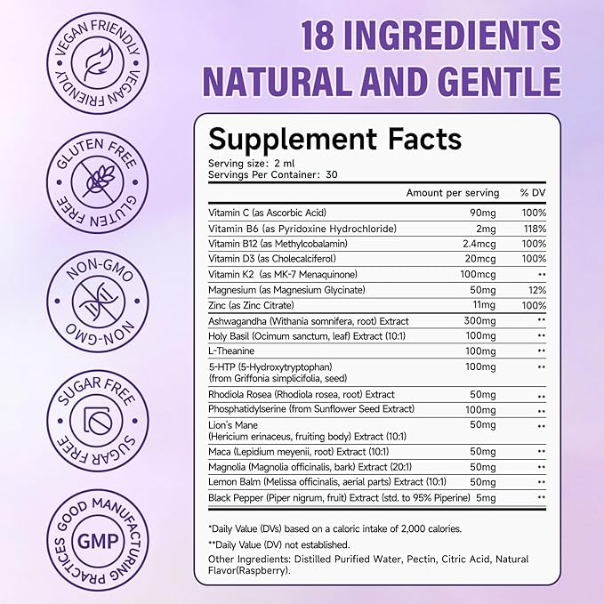 Liposomal Cortisol Liquid Drops, 18-in-1 Formula, Supports Stress, Mood, Sleep & Focus, with 300mg Ashwagandha, Magnesium & L-Theanine, Cortisol Reducer For Women/Men, Blueberry Flavor, 60ml