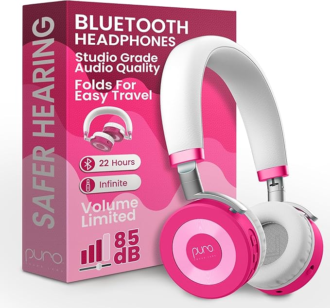 Puro Sound Labs Bluetooth Headphones for Kids - Volume-Limited, Adjustable On-Ear Design, 22-Hour Battery Life - Wireless Headphones for Tablets, Smartphones & PCs – JuniorJam Plus, Blue & Pink