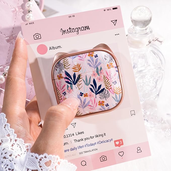 for AirPods 4 Case with Cleaning Kit, Cute Cat Ear Print Design & Cute Buckle, Inverted Phone Holder Design, Top Safe Lock Buckle Design, for Girls AirPods 4 case 2024, Rose Gold Leaves