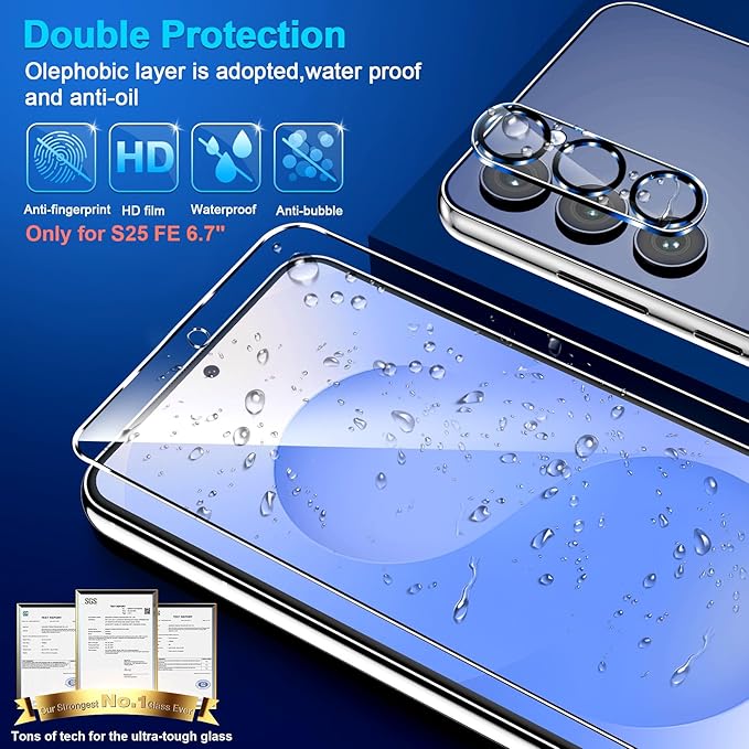 3 Pack for Samsung Galaxy S25 FE Screen Protector Tempered Glass + 3 Pack Camera Lens Protector, Military Grade Shatterproof, 9H Hardness, Fingerprint Unlock, Case Friendly 6.7 Inch