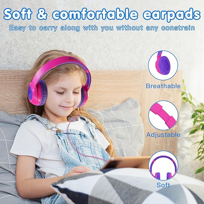 ZIHNIC Wired Kids Headphones, Safe 85dB Volume Limit for Boys & Girls, Comfortable Earpads, Foldable Design for School, Tablets, and Travel-Rose RED