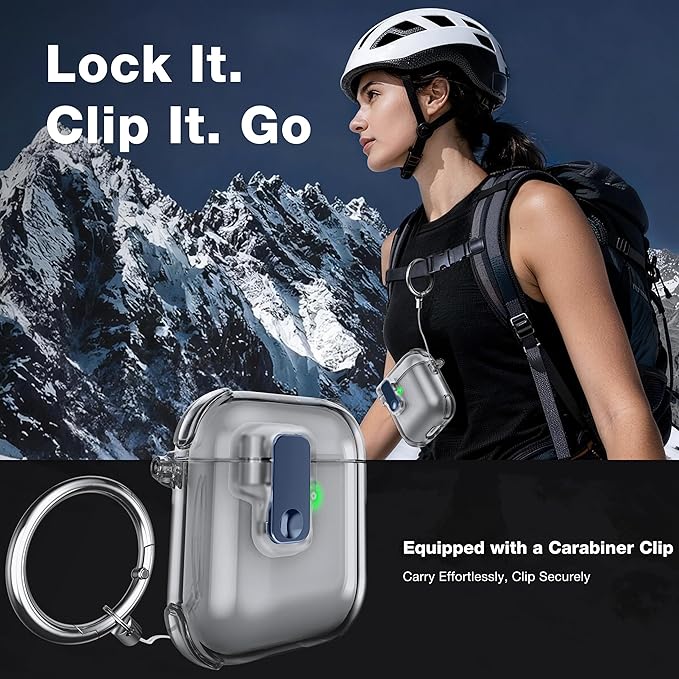 Case for AirPods 1/2 Case Cover with [Lock Safety & Pop Up][Military Shockproof] Anti-Yellow Transparent Soft TPU Wireless Charging for AirPods 1st/2nd Generation Case with Keychain,Clear Black