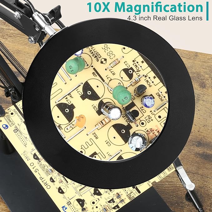 Helping Hands Soldering Station, 10X Magnifying Glass with Light and Stand with 4 Magnetic Third Hand & 4 PCB Circuit Board Holders, Hands Free Magnifier Desk Lamp for Soldering Repairing