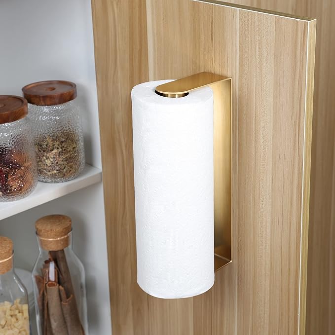 YIGII Adhesive Paper Towel Holder Under Cabinet - Single Hand Operable Paper Towel Rack Stick on Counter for Kitchen, SUS-304 Stainless Steel (Brushed Gold)