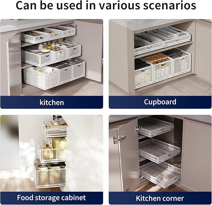 2 Pack Pull Out Cabinet Organizer, No Drill Adhesive Sliding Drawers for Kitchen, Metal Mesh Wire Storage Shelf for Pantry & Under Sink, White (9.6" W x 11.8" D x 8.4" H)