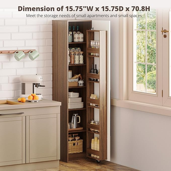 IRONCK 70" Pantry Storage Cabinet, Single Cabinet Pantry, Freestanding Tall Narrow Cupboard with 11 Adjustable Shelves for Dining Room, Living Room, Walnut and White