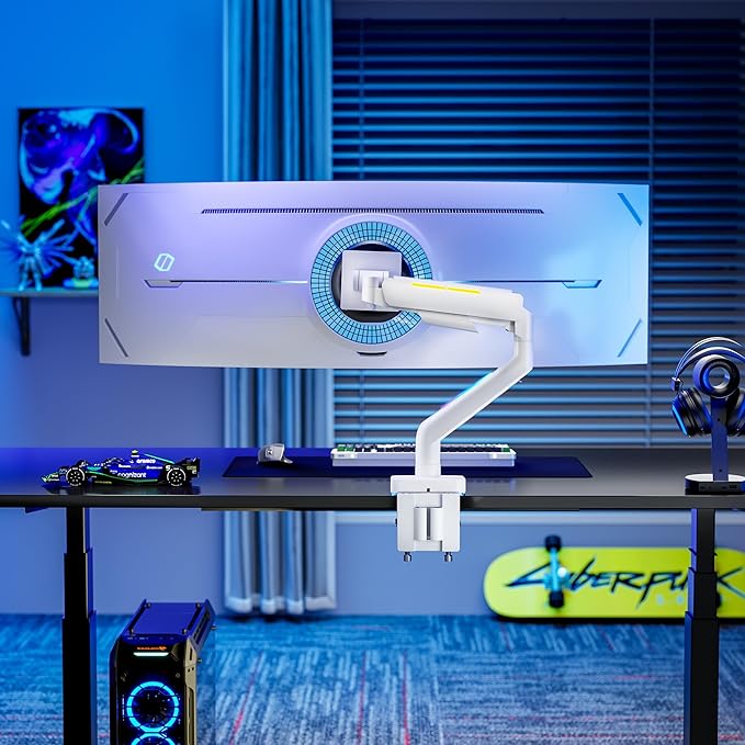 Ultrawide Monitor arm for 17-49'' Heavy Duty Screen up to 44lbs, Gas Spring Single Monitor Arm with RGB Light, Adjustable Gaming Computer Monitor Arm for Desk, White