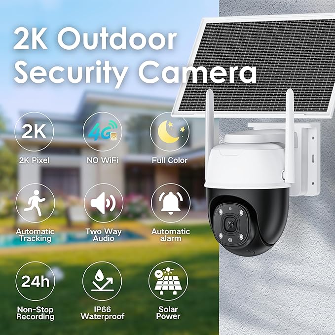 No Wifi Camera, 24 hours Continuous Recording AOV Solar Security Cameras Wireless Outdoor, 4G LTE 2K Outdoor Camera for Home Security,360 Auto Tracking Full Color Night Vision,Powered by Solar Panel