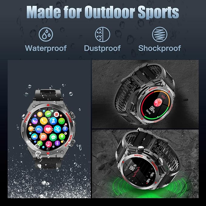 Military Smart Watch, 1.52-Inch Smartwatch with Text and Call, 24/7 Heart Rate Sleep Monitor, Blood Oxygen, and Activity Trackers - Compatible with iPhone and Android, for Men and Women