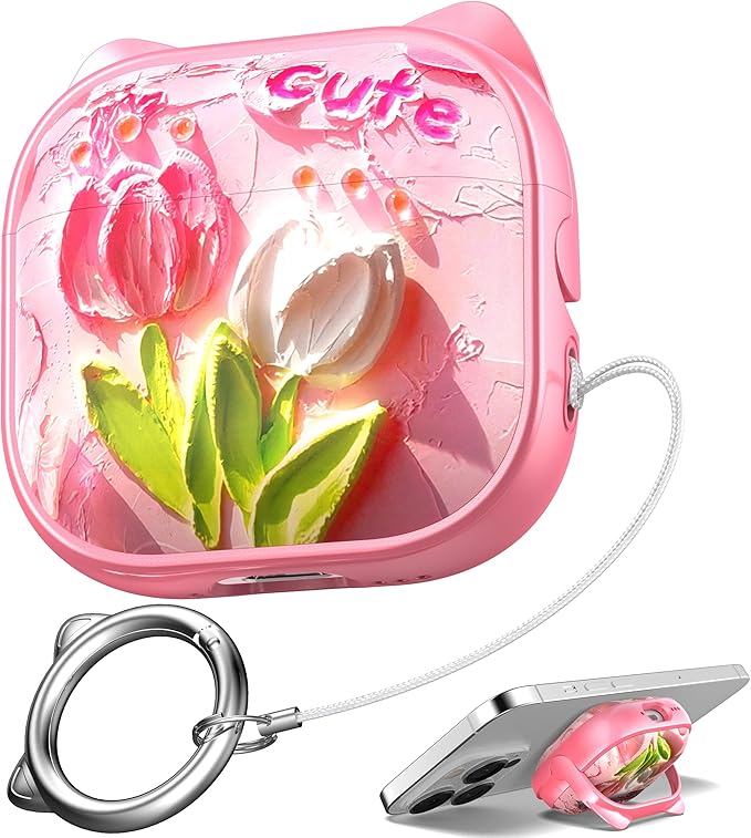 for AirPods 4 Case with Cleaning Kit, Cute Cat Ear Print Design & Cute Buckle, Inverted Phone Holder Design, Top Safe Lock Buckle Design, for Girls AirPods 4 case 2024, Tulip