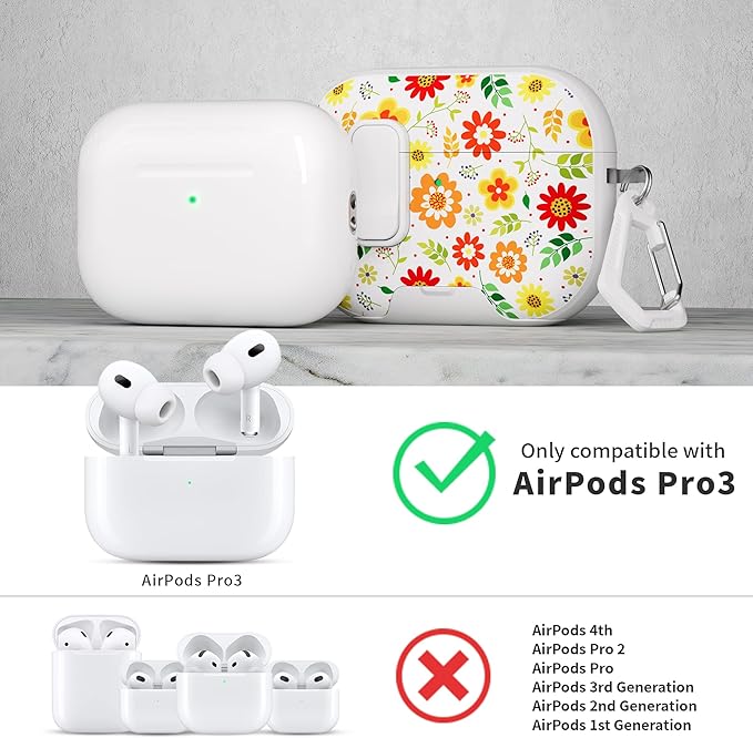 for AirPods Pro 3 Case(2025) with Secure Lock Clip and Phone Stand,Floral Girly Style Protective Cover with Cleaning Kit and Hand Strap for Apple AirPod Pro 3 Generation (Sunflower Petals)