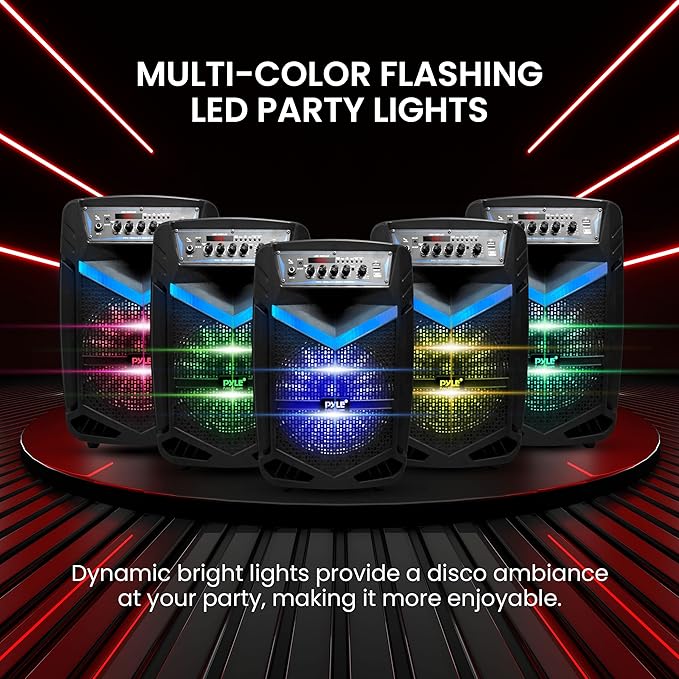 Pyle Portable Bluetooth PA Speaker System - 600W Rechargeable Outdoor Bluetooth Speaker Portable PA System w/ 10” Subwoofer 1” Tweeter, Recording Function, Mic In Party Lights USB/SD Radio