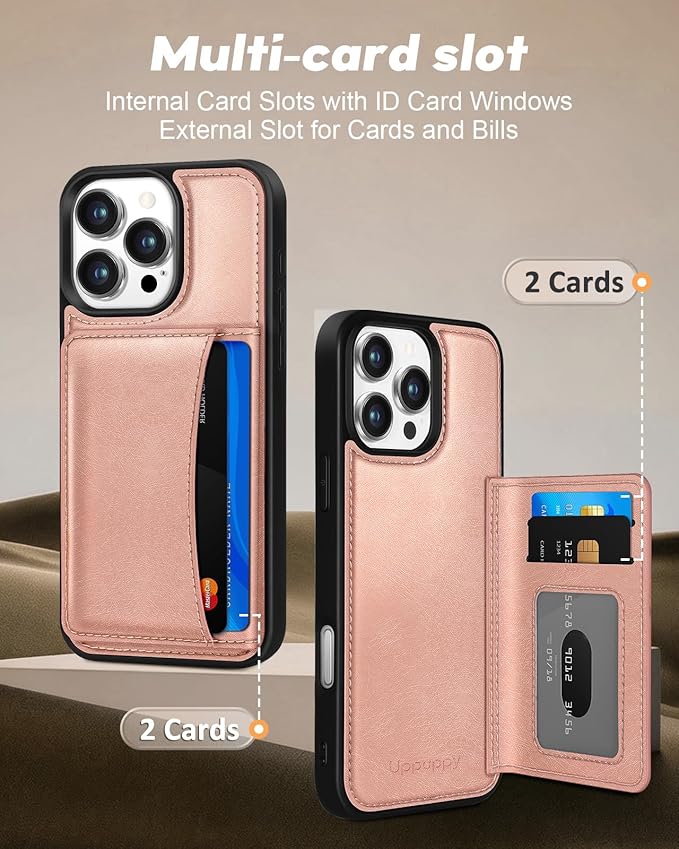 for iPhone 14 Pro Case with Wallet - Fits 4 Card Slots, Compatible with MagSafe for Women Aesthetic Durable PU Leather Credit Card Holder Kickstand Phone Cover for Apple 14 Pro, Rose Gold