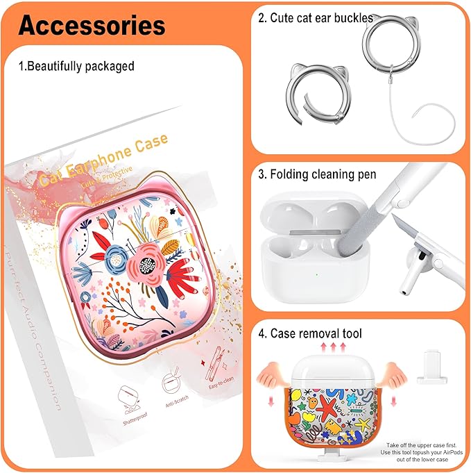RFUNGUANGO AirPods 4 Case for Women Girly Cat Case with Lock, Phone Stand, Keychain & Cleaner Kit, Compatible with Apple Airpods 4th Generation Case Cover, Orange Graffiti
