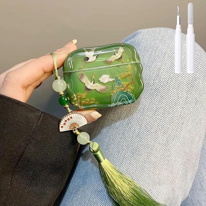 Compatible with AirPods Pro 3 Case Soft with Cleaner Kit Keychain Cute Lucky Elegant Crane Cover for Girls Women Airpods Pro 3rd Generation(2025) -Green