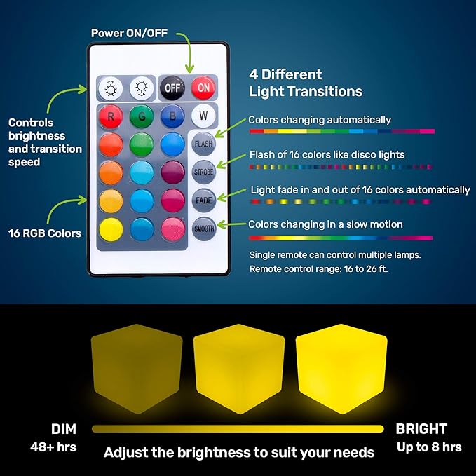 8-Inch LED Dimmable Glow Cube Waterproof Rechargeable Adjustable RGB Color Changing with Remote Control, Sensory Toys for Kids, Night Light Indoor Outdoor Decorative Lighting