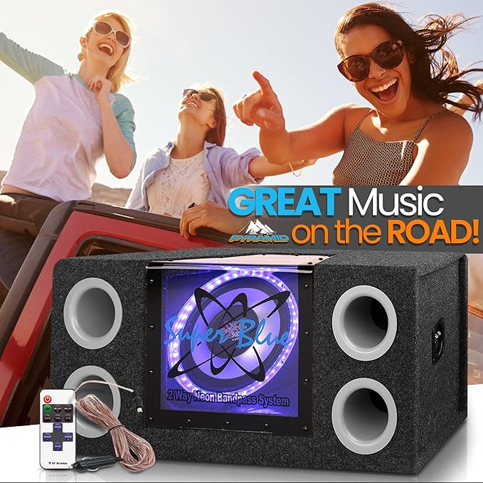 Pyramid 1000W Dual Bandpass Speaker System - Car Audio Subwoofer w/ Neon Accent Lighting, Plexi-Glass Front Window, 4 Tuned Ports, Silver Polypropylene Cone & Rubber Edge Suspension - Pyramid BNPS102