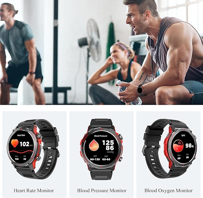 Popglory Smart Watch, 1.43''AMOLED 45mm Military Smartwatch Men Women Answer/Make Call, Digital Fitness Watch, 110+ Sports, Blood Pressure, Heart Rate, Stress Monitor Sports Watch for Android or iOS