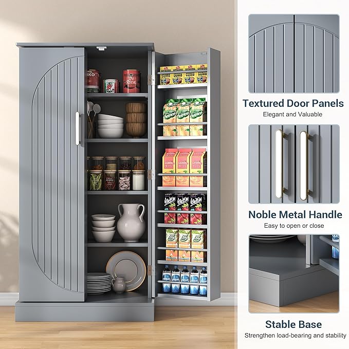 47" Tall Kitchen Pantry Cabinet, Grey Pantry Storage Cabinet with Adjustable Shelves, Barn Doors and Drawer Farmhouse Cupboard for Kitchen, Dining Room, Bathroom (16" D x 24" W x 47")
