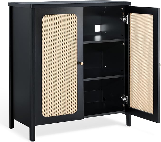 Rattan Sideboard Buffet Cabinet 2 Door Boho Kitchen Storage Cabinet Accent Console for Living Room, Hallway, Kitchen, Sideboard, Buffet Table Black