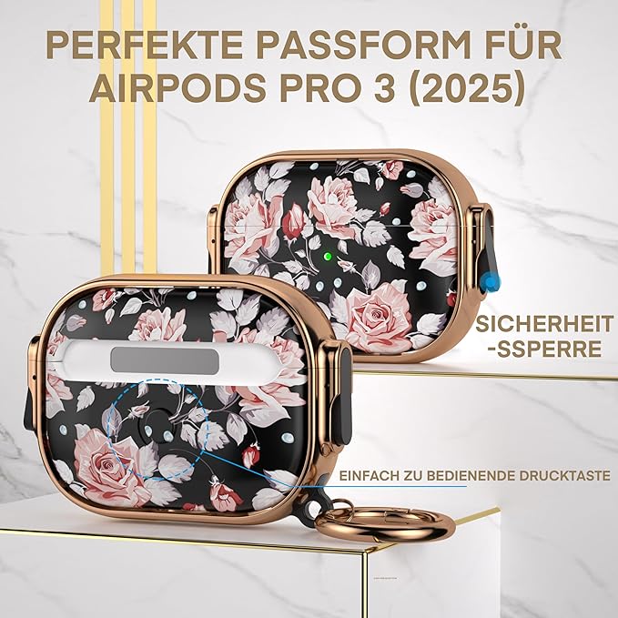 Maxjoy for AirPods Pro 3rd Generation Case with Lock, Flower AirPods Pro 3 Case Protective Hard Cute AirPod Pro 3 Cover for Women Men with Keychain for Airpod Pro 3rd Gen Cover 2025, Rose