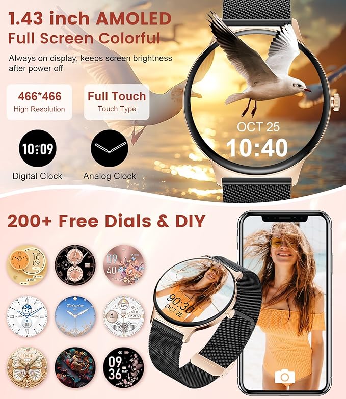 Smart Watches for Women, 1.43" AMOLED Screen Bluetooth Call Smartwatch, 120+ Sports Modes Fitness Tracker, Blood Oxygen Heart Rate Sleep Monitor for Android iOS Black Gold 2026