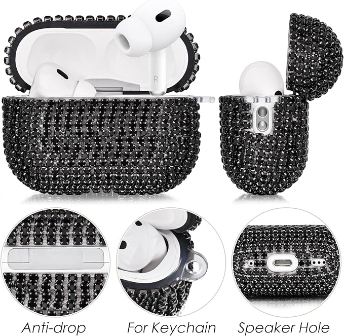 VISOOM Bling Airpods Pro 2nd Generation Case - AirPods Pro 2 Case Cover with Lanyard Women 2024 Crystal iPod Pro 2 Wireless Charging Case Girl Keychain for Apple Airpod Gen Pro 2 (Black)