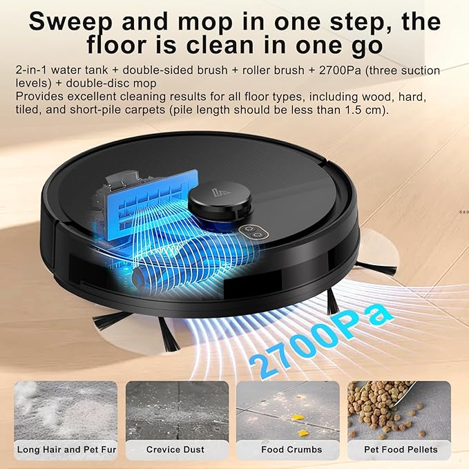 2025 Robot Vacuum Cleaner Intelligent Laser Navigation Rapid Mapping 120-Minute Battery Life Personalised Cleaning Settings Powerful Suction Pet Hair Removal Suitable for All Floor Types-Black